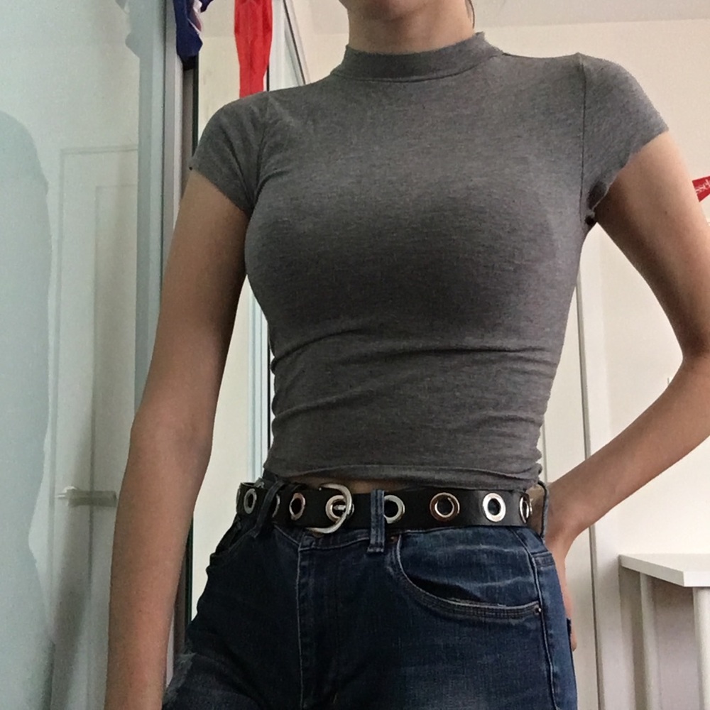 Grey Mock Neck Cap Sleeve Tee